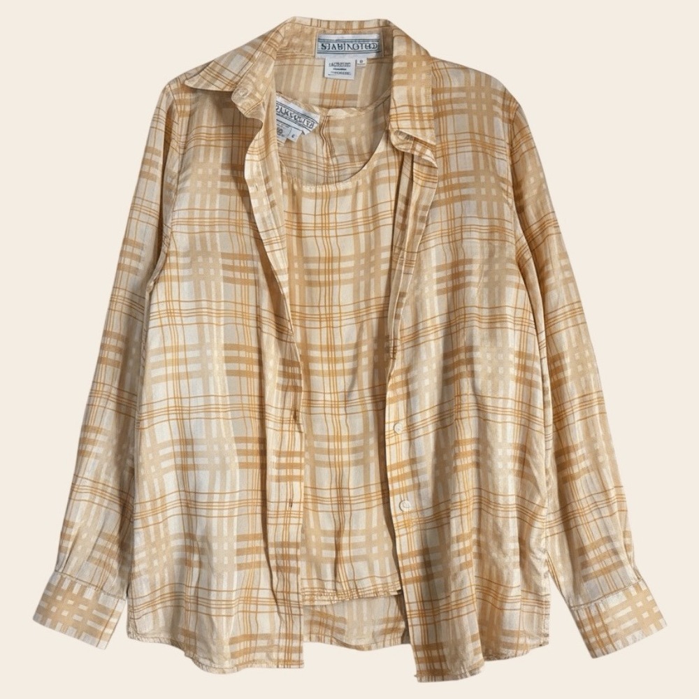 Vintage Y2K‎ 100% Silk Shirt and Tank Top Set Sz 4 Yellow Plaid